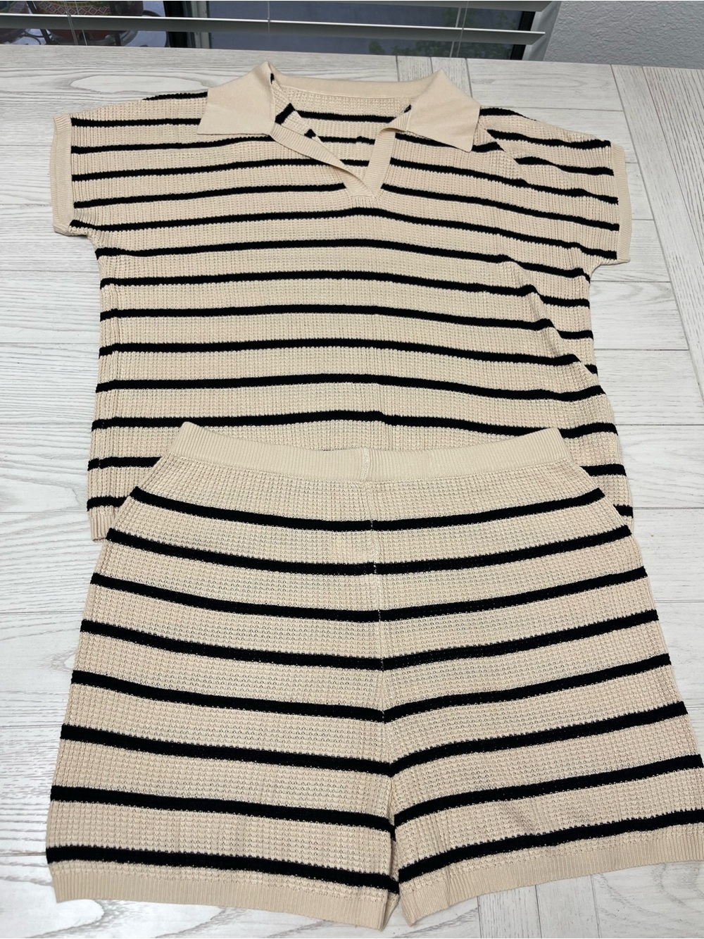 Kids Beige and Black Striped Polo Knit Pajama Set